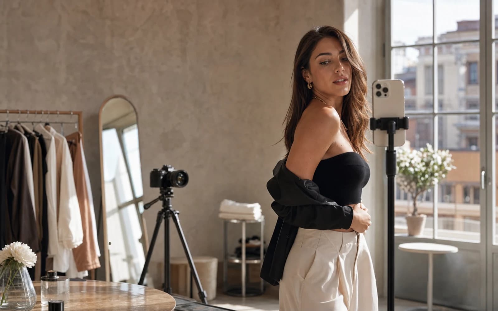 Creator e modella durante uno shooting nel proprio studio