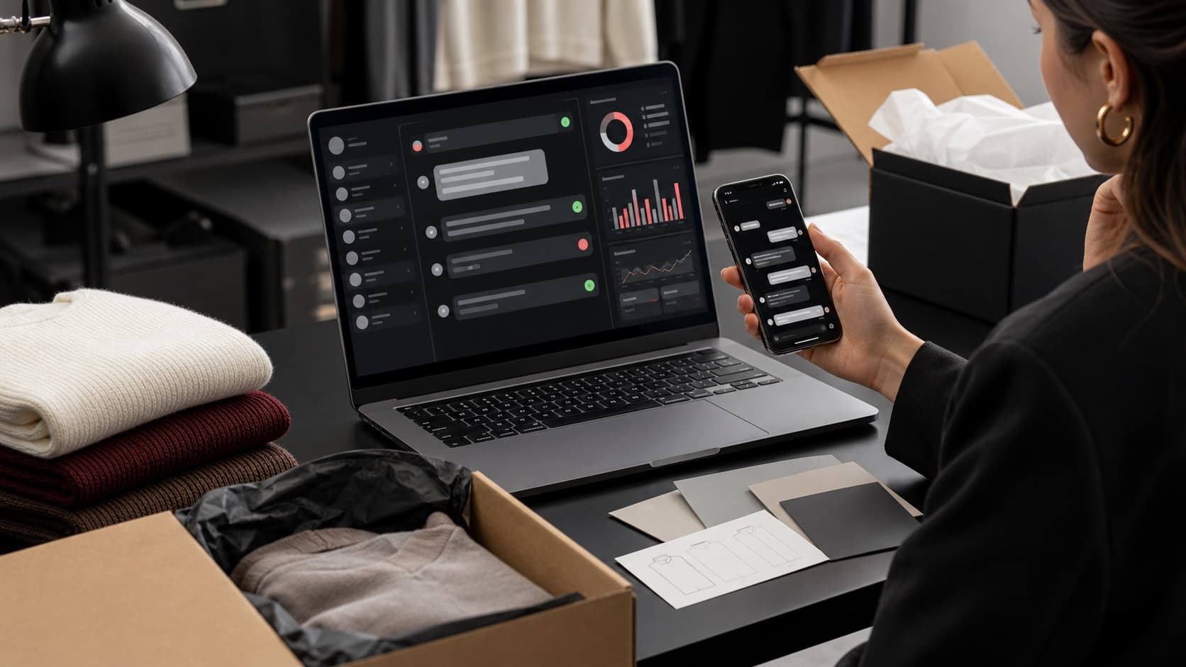 E-commerce moda con assistente AI per ordini, resi e taglie