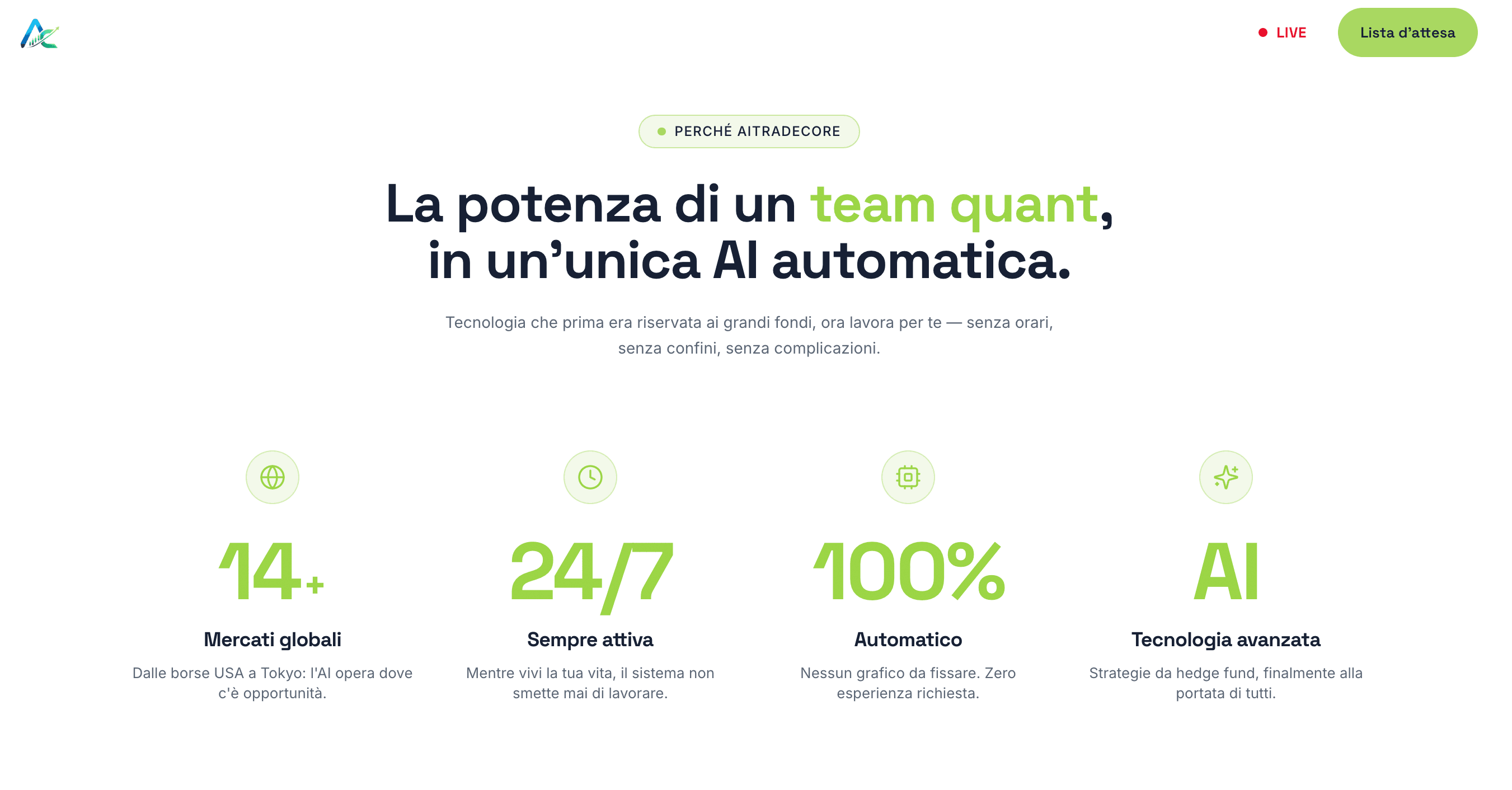 La potenza di un team quant in un'unica AI automatica — sezione del prodotto AITradeCore