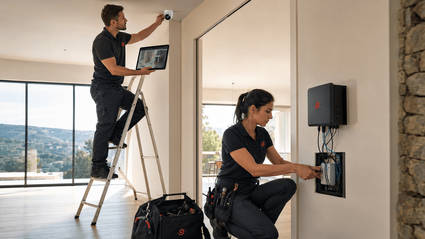 Tecnici Sisofo View che installano telecamera e server durante il collaudo in villa
