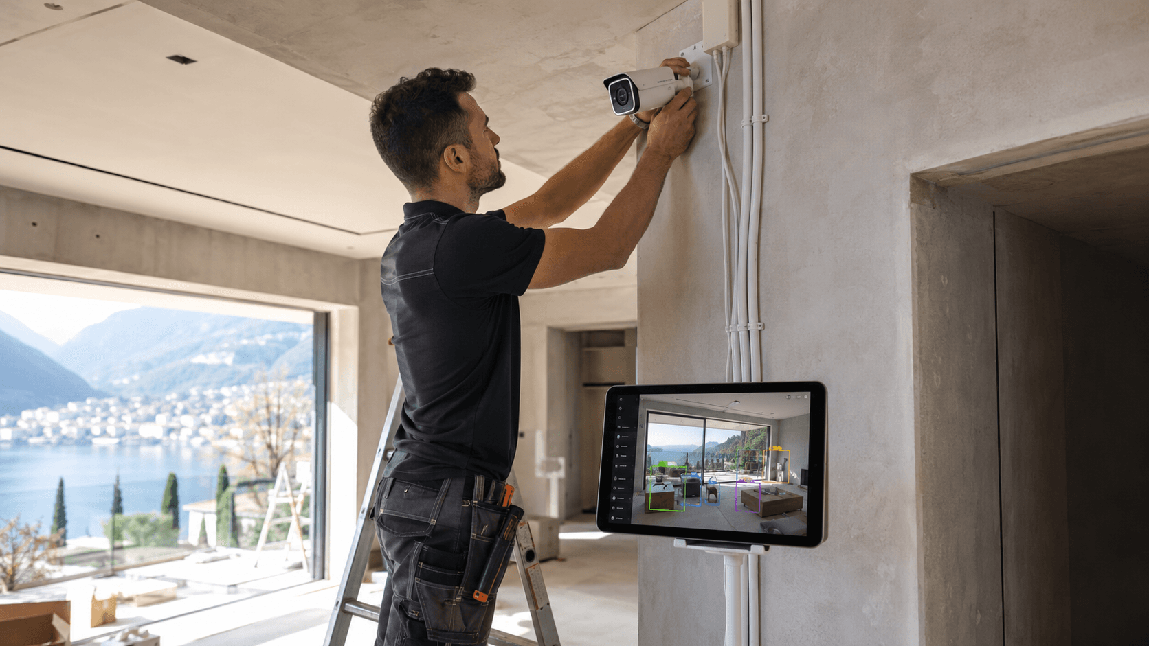 Tecnico Sisofo View che installa una telecamera AI in cantiere durante la costruzione