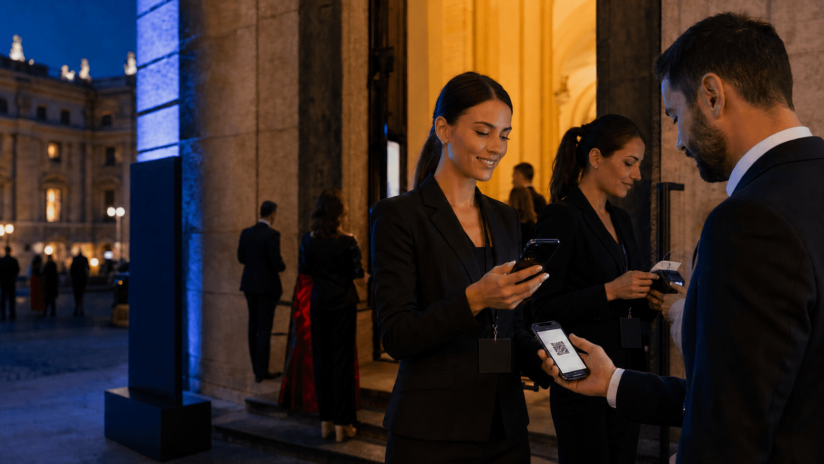 Hostess accoglie un ospite e scansiona il QR all’ingresso dell’evento